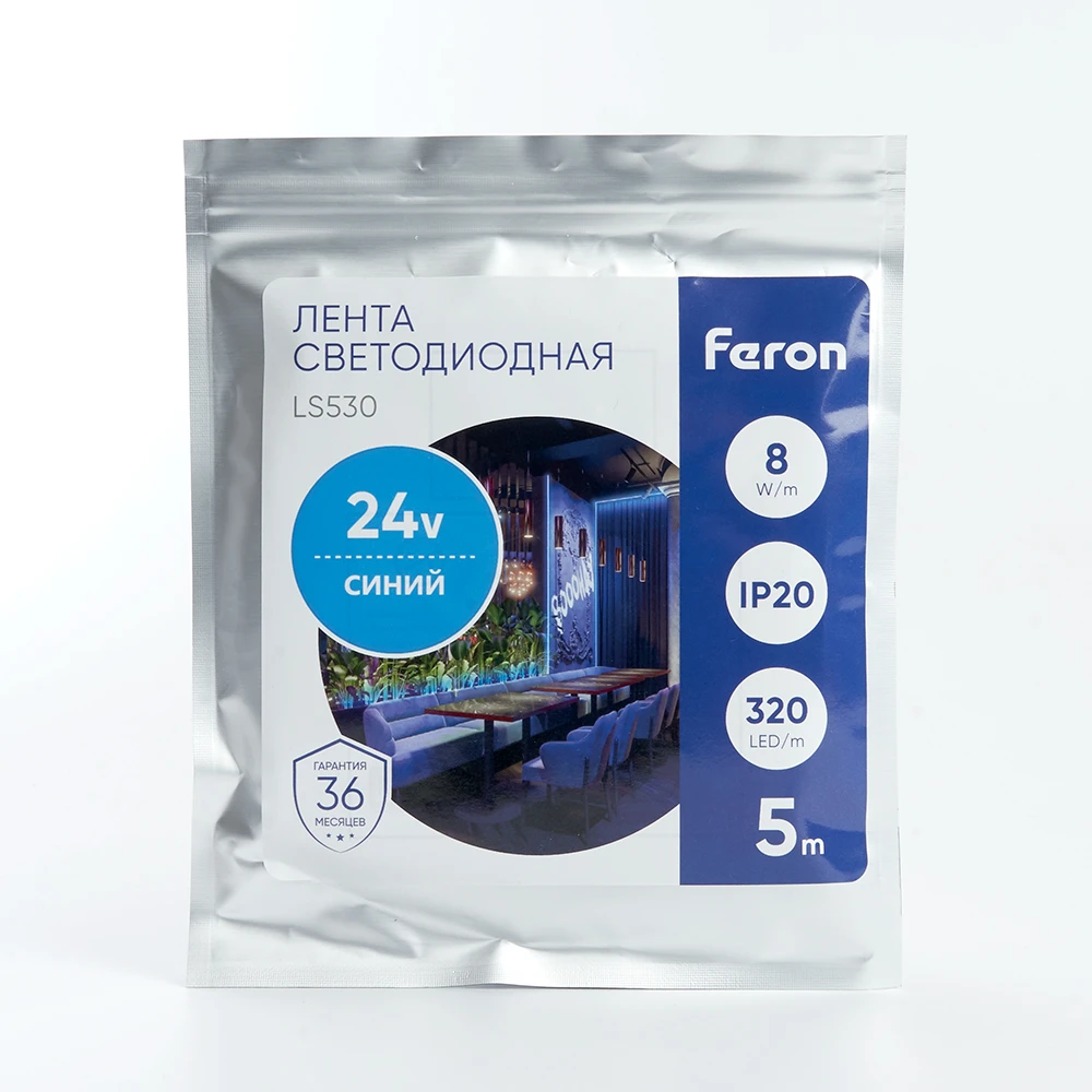 Светодиодная COB лента Feron LS530 320SMD(2110) 8Вт/м 24V 5000*8*1.8мм IP20, синий 48267 4