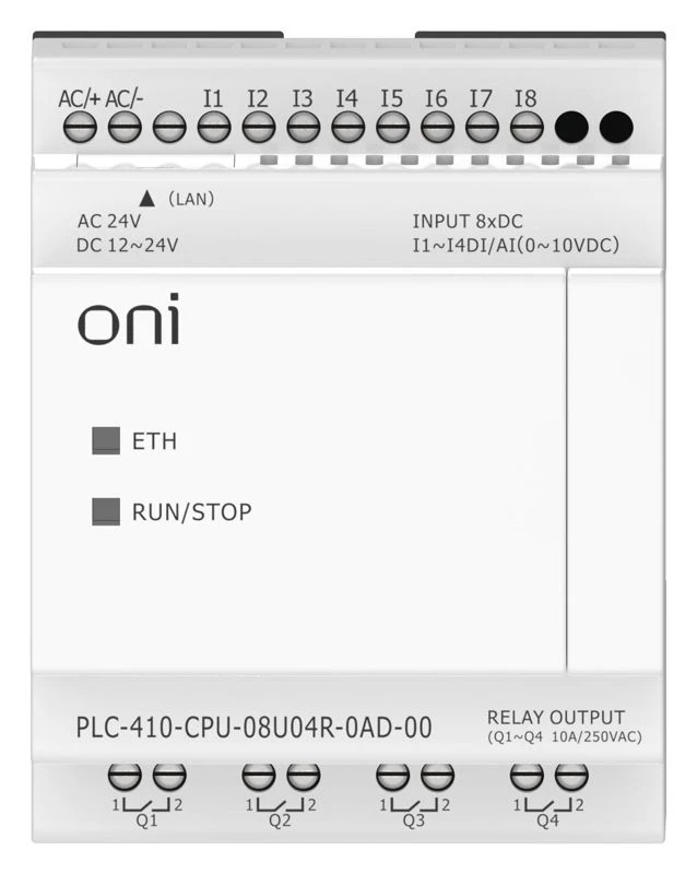Модуль ЦПУ ПЛК 410 4 DI 4 UI (0-10 В/DI) 4 RO 12В-24В DC или 24В AC с Ethernet портом без экрана ONI PLC-410-CPU-08U04R-0AD-00 6
