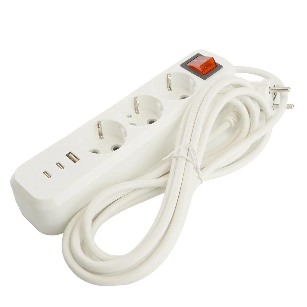 Удлинитель 3-местный с/з с выключ. STEKKER HM071-31-03 3x1мм2, 3м, 250В, 16А, 1USB+2C, 2.4A, сер Home, белый 50137 3