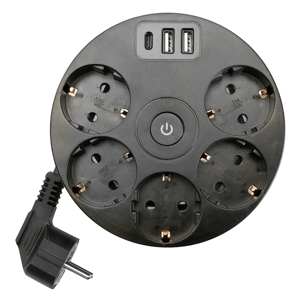 HM10-51-01 Удлинитель 5-местный с/з, 3x1мм2, 2.5м, 250В, 16А, 2USB+С 5V 3,1А, серия Comfort, черный 49656 6