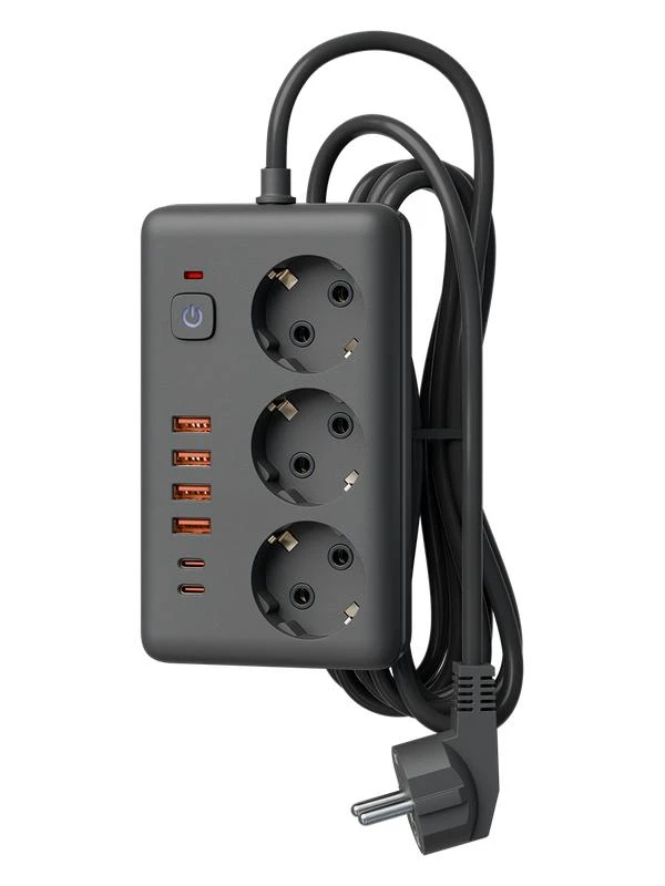 Удлинитель с сетевым фильтром 3х1.5м 10А 4USB + 2USBC 2500Вт ПВС 3х1 прямоуг. черн. КОСМОС FKsm1.5m-3gPF(B)USB 1