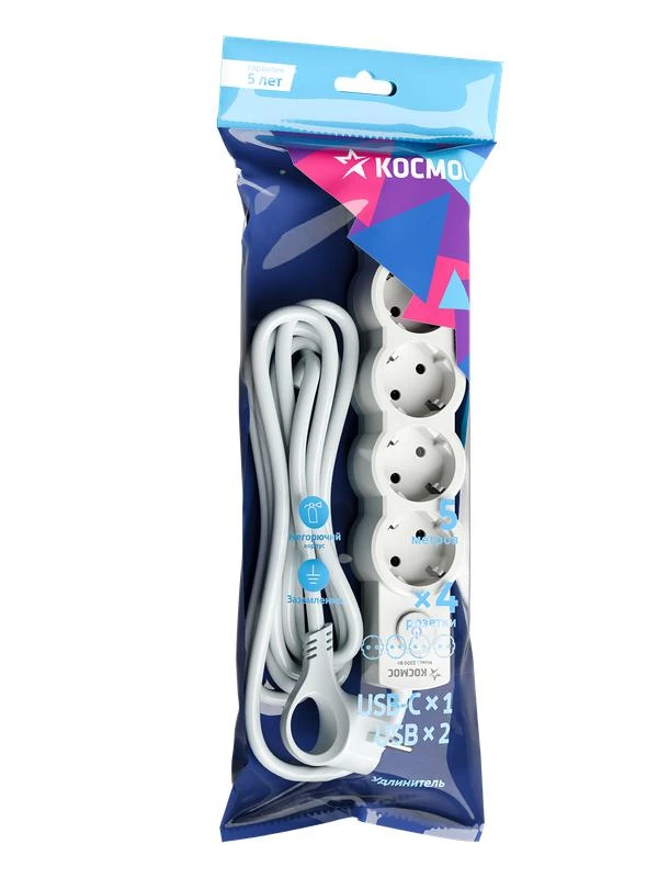 Удлинитель 4х5м с заземл. 10А IP20 USB type-Aх2 + type-C 2500Вт 220В ПВС 3х1 с выкл. бел. КОСМОС YKsm5m4g-Z-VU10А-W 1