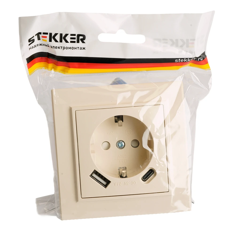Розетка 1-местная с/з STEKKER, PST16-9016-02, 250В, 16А с USB+ type C, серия Эрна, слоновая кость 50077 8