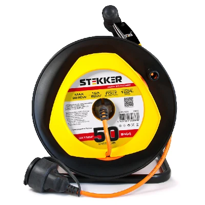 Удлинитель на пластиковой катушке Stekker STD02-11-50 (UG), 50м, 1 гнездо, с/з 3*1, оранжевый, серия Standart 39636