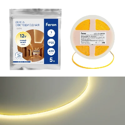 Светодиодная COB лента Feron LS630, 400SMD(2110)/ 7Вт/м 12V 5000*3*1.8мм 3000K, IP20 48947