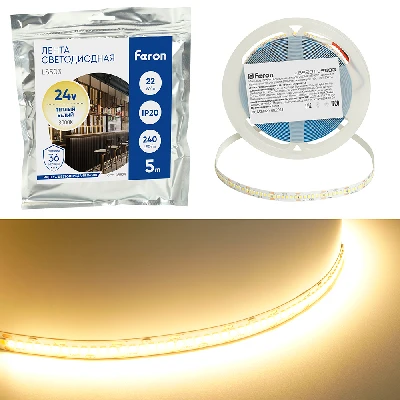 Светодиодная LED лента Feron LS503 240SMD(2835)/м 22Вт/м 24V 5000*10*1.22мм 3000К, IP20 48829