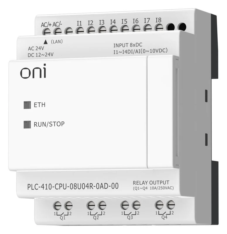 Модуль ЦПУ ПЛК 410 4 DI 4 UI (0-10 В/DI) 4 RO 12В-24В DC или 24В AC с Ethernet портом без экрана ONI PLC-410-CPU-08U04R-0AD-00 2