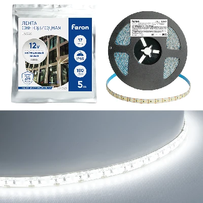 Светодиодная LED лента Feron LS626, 180SMD(2835)/m 17W/m 12V 5000*10*1,22мм 6500К IP65 51640