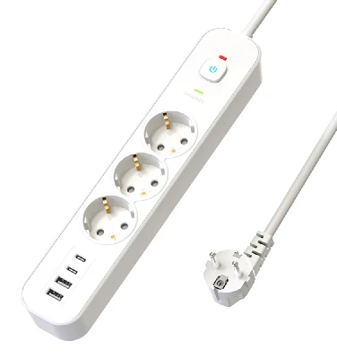 Сетевой фильтр 3-местный с/з STEKKER 3x1мм2, 3 м, 250В, 16А, 2 USB-A+2 Type-C 3, серия Nova, белый 50100