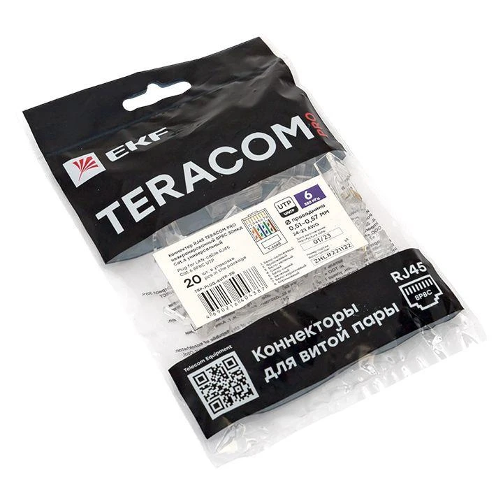 Коннектор RJ45 (8P8C) кат.6 неэкранир. 30мкд универс. (уп.20шт) TERACOM PRO EKF TRP-PLUG-6UTP-20 4