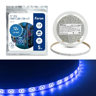 Светодиодная LED лента Feron LS604, 60SMD(2835)/m 4.8W/m 12V IP65 5m синий 27677