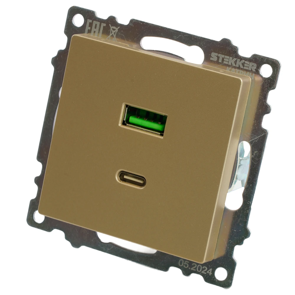 Розетка 2-местная USB + type C (механизм), 250В, 3А, max 20W, STEKKER, GLS10-7116-08, серия Катрин, золото 50053 2