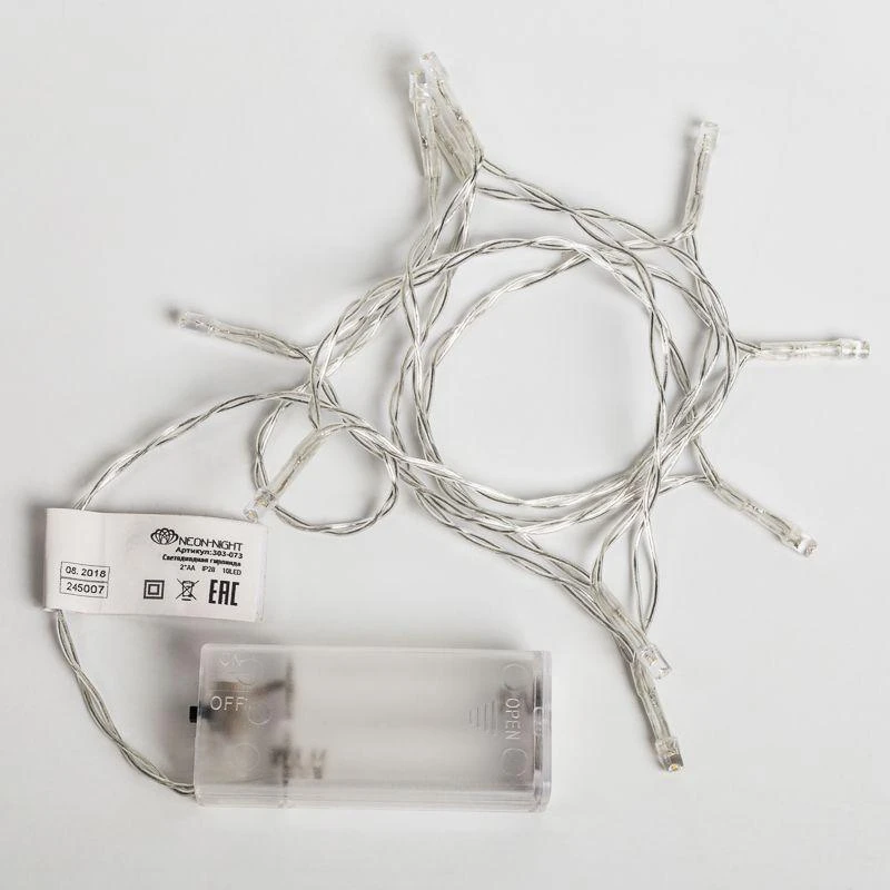 Гирлянда светодиодная универсальная 1.2м 10LED тепл. бел. 0.1Вт IP20 провод ПВХ прозр. элементы питания 2хAA (не в компл.) Neon-Night 303-073 4