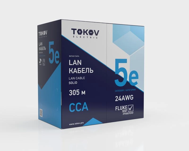 Кабель витая пара F/UTP 4х2х24 AWG кат.5E CCA PVC indoor Fluke tested 305м (м) TOKOV ELECTRIC TKL-C06-F42CCA-5E-305-PVC 1