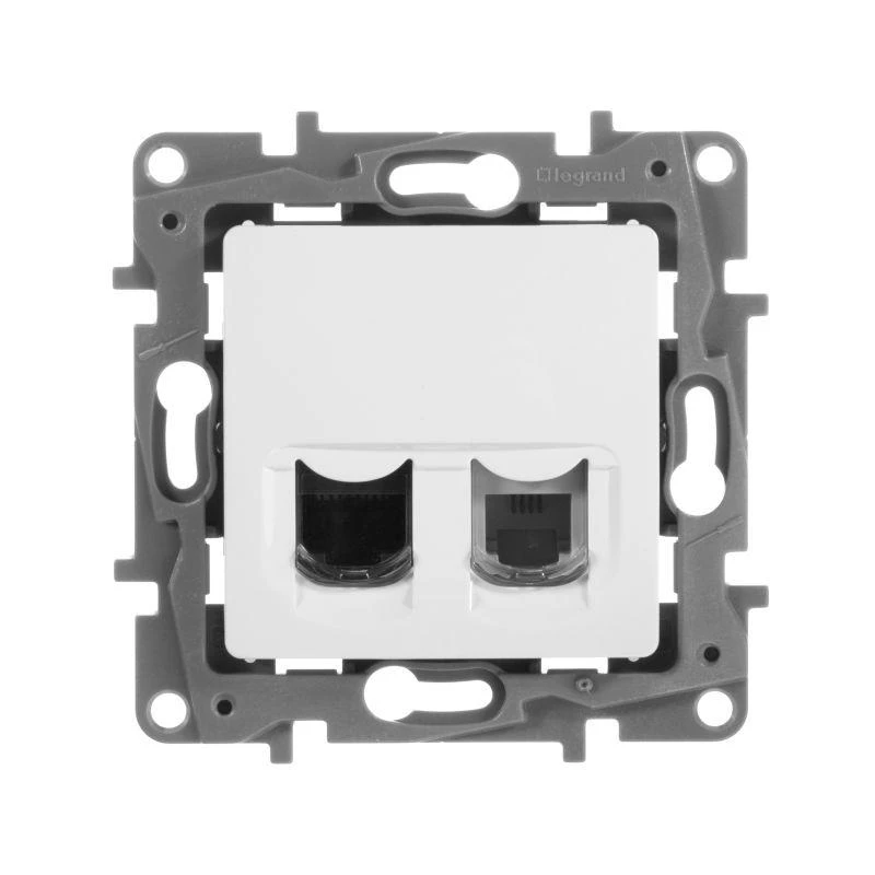 Розетка компьютерная + телефонная 2-м СП Etika RJ45 + RJ11 кат.5E UTP механизм бел. Leg 672252 1