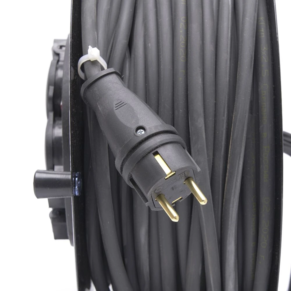 Удлинитель на металлической катушке с/з Stekker, PRF01-41-50, 50м, 4 гнезда с/з 3*2,5, серия Professional (УХз-16), черный 39222 3