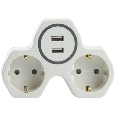 Разветвитель сетевой 2-местный с/з STEKKER ADP16-14-20, 250V, 16A и 2-мя USB выходами на 2,4А, огнеустойчивый пластик, белый/серый 32872