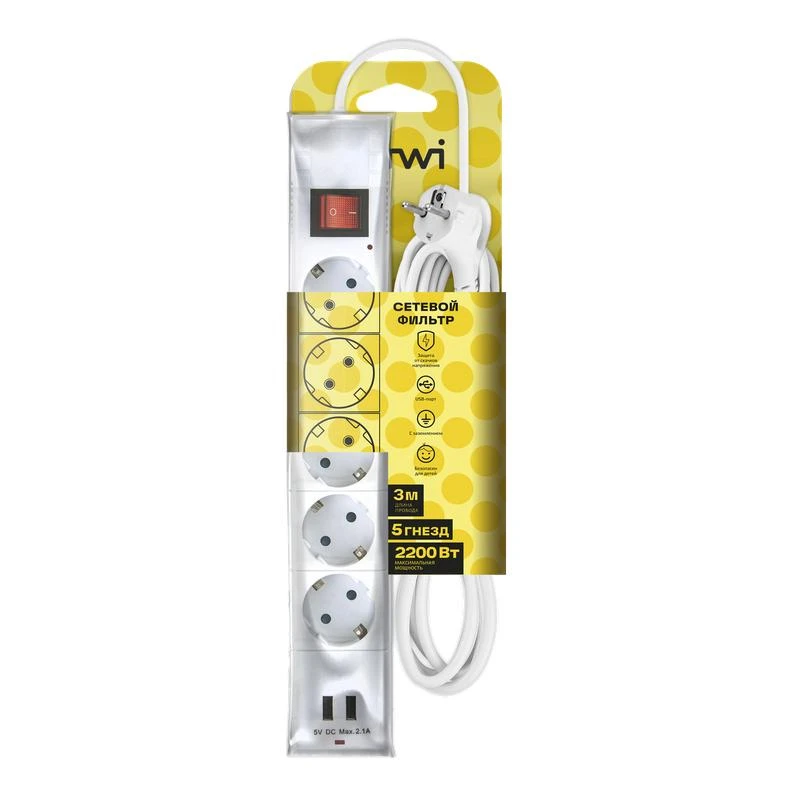 Фильтр сетевой 5х3м с/з со шторками ПВС 3 IP075 2USB 2200Вт 10А бел. Duwi 32592 5 8