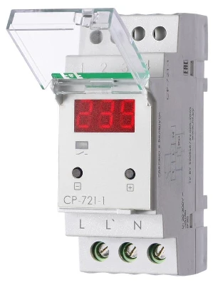 Реле напряжения CP-721-1 (CP-721-63A) (однофазное; цифровая индикация; напряжение питания 50-450В контакт 1NO 63А встроен. таймер регистрация аварий в памяти индикация текущего напряжения) (аналог УЗМ) F&F EA04.009.013