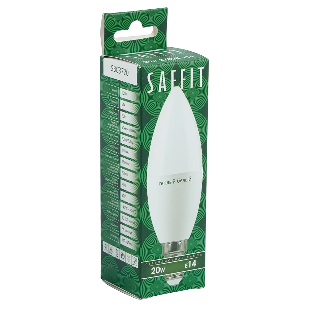Лампа светодиодная SAFFIT SBC3720 Свеча E14 20W 230V 2700K 55272 5