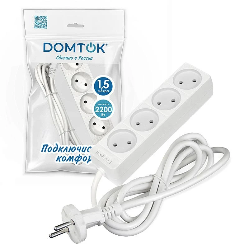 Удлинитель 4х1.5м без заземл. 10А IP20 2.2кВт ПВС 2х1 бел. DOMTOK 2354 1