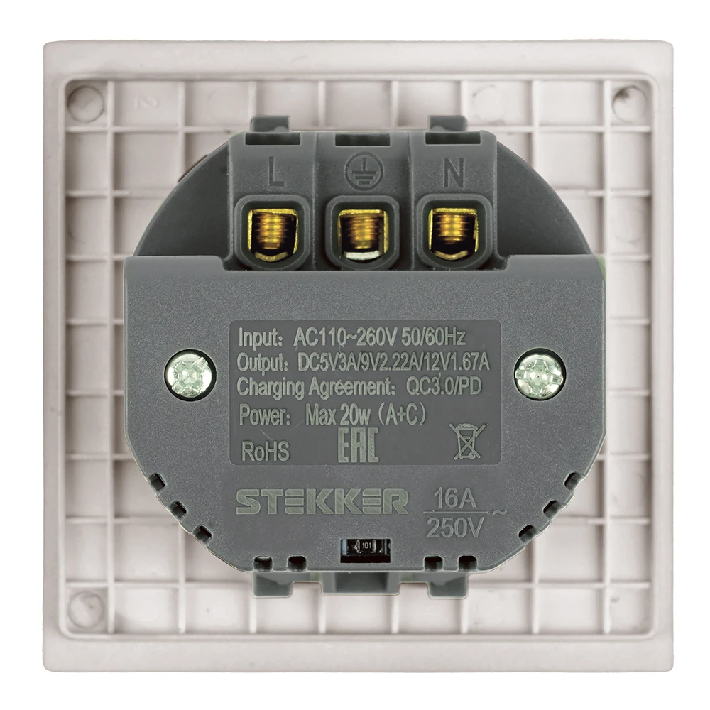 Розетка 1-местная з/ш с/з 16А + USB + Type C (механизм), STEKKER, 250В, 20W, серия Мия, RST16-3119-08, пудровый жемчуг 50482 4