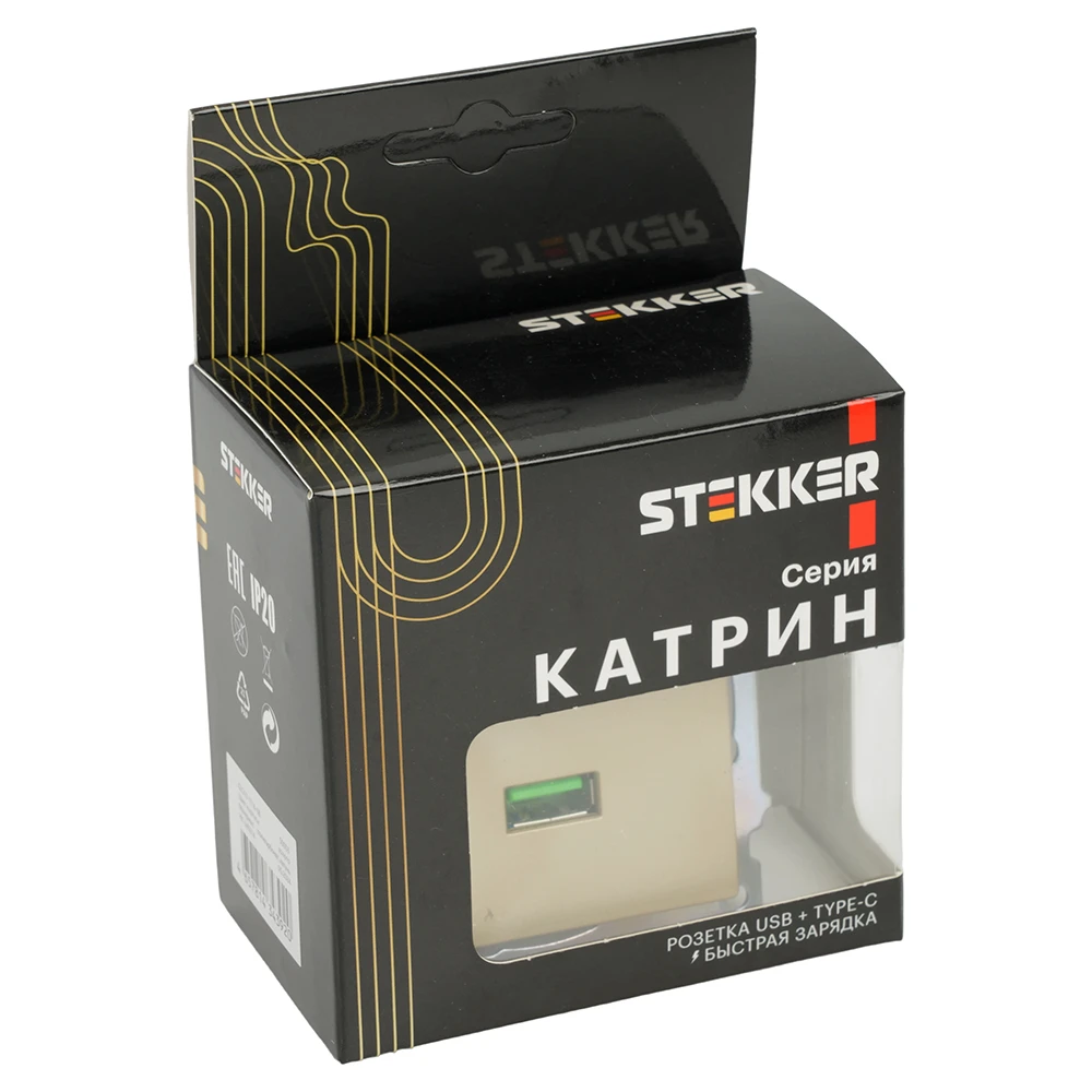 Розетка 2-местная USB + type C (механизм), 250В, 3А, max 20W, STEKKER, GLS10-7116-08, серия Катрин, золото 50053 9