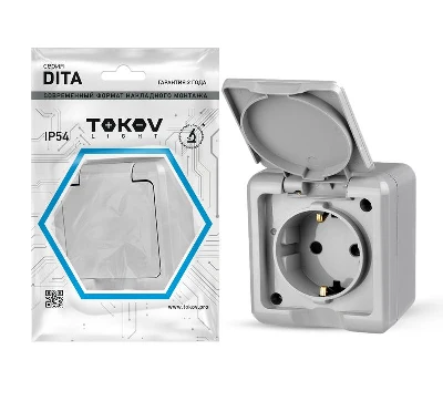Розетка 1-м ОП Dita 16А IP54 250В с заземл. с крышкой сер. TOKOV ELECTRIC TKL-DT-R1Z-C06-IP54