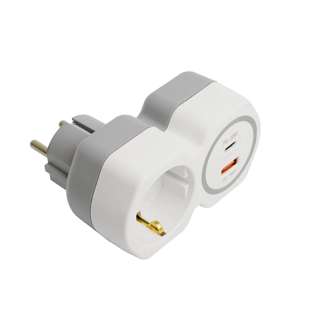 Разветвитель сетевой на 1 выход с/з STEKKER 250В, 16А, USB A+ Type C, 2,4А, PD, белый/серый, ADP16-16-20 50109 1