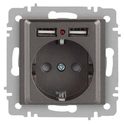 Розетка 1-м СП Accent 6-410-09 16А IP20 250В P+E Schuko + 2хUSB защ. шторки титан Intro Б0063711