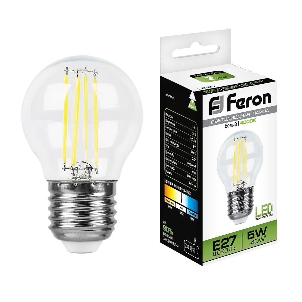 Лампа светодиодная Feron LB-61 Шарик E27 5W 230V 4000K 25582 3