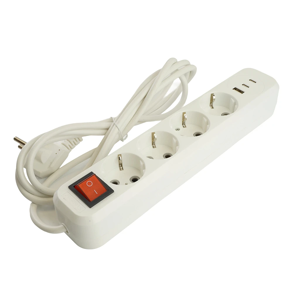 Удлинитель 4-местный с/з с выключ. STEKKER HM071-41-05 3x1мм2, 5м, 250В, 16А, 1USB+2C, 2.4A, сер Home, белый 50141 1
