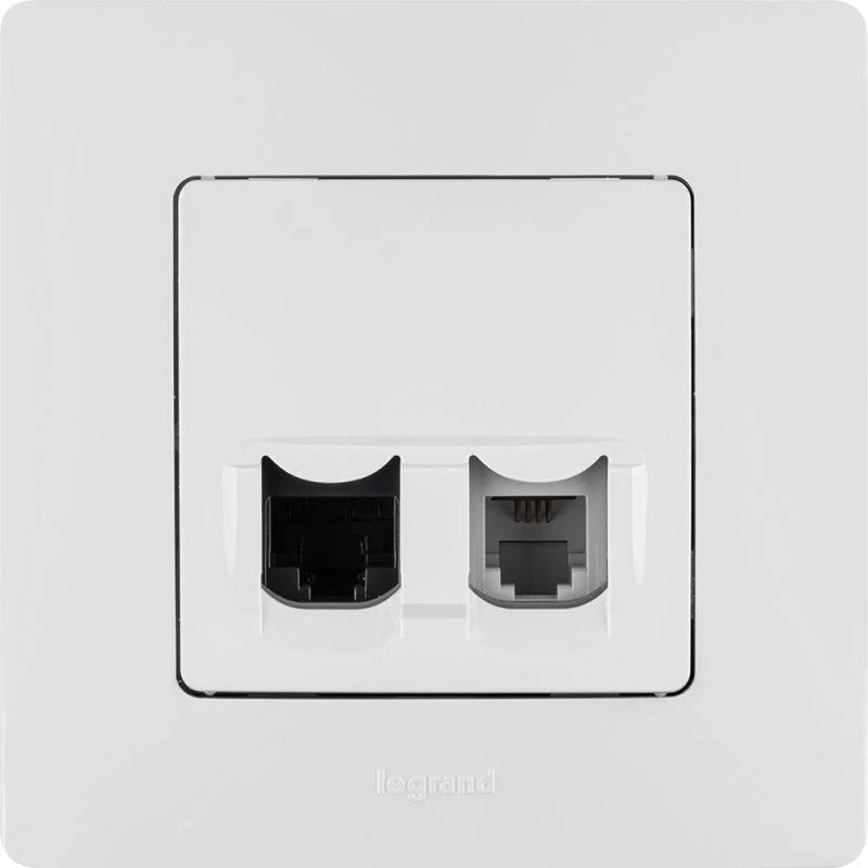Розетка компьютерная + телефонная 2-м СП Etika RJ45 + RJ11 кат.5E UTP механизм бел. Leg 672252 5