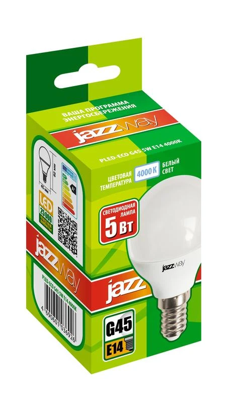 Лампа светодиодная PLED-ECO 5Вт G45 шар матовая 4000К нейтр. бел. E14 400лм 230В 50Гц JazzWay 1036926A 1