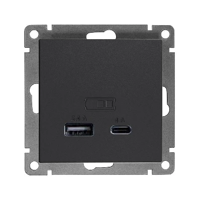 Розетка 2-м USB СП Афина тип А+С 5В 1х2.4А 2х4А механизм графит Universal А0059-Gr