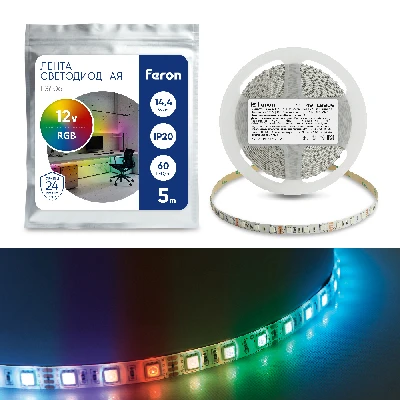 Светодиодная LED лента Feron LS606, 60SMD(5050)/m 14,4W/m 12V 5m RGB 41449