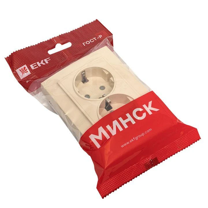 Розетка 2-м СП Минск 16А IP20 с заземл. защ. шторки беж. EKF ERR16-128-200 2
