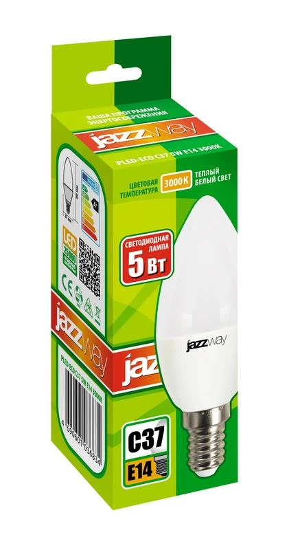Лампа светодиодная PLED-ECO 5Вт C37 свеча матовая 3000К тепл. бел. E14 400лм 230В 50Гц JazzWay 1036834A 1