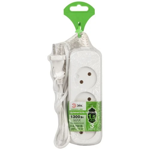 Удлинитель 3х1.5м без заземл. 6А IP20 GREEN LINE UDL-6-315 ШВВП 2х0.75 Эра Б0065043 1