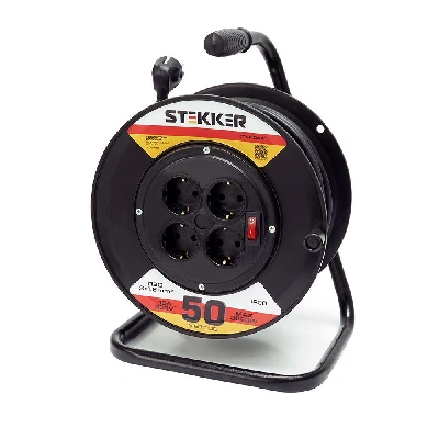 Удлинитель на пластиковой катушке Stekker STD01-41-50 50м, 4 гнезда с/з 3*1,5, черный, серия Standart (УХз-16) 39220