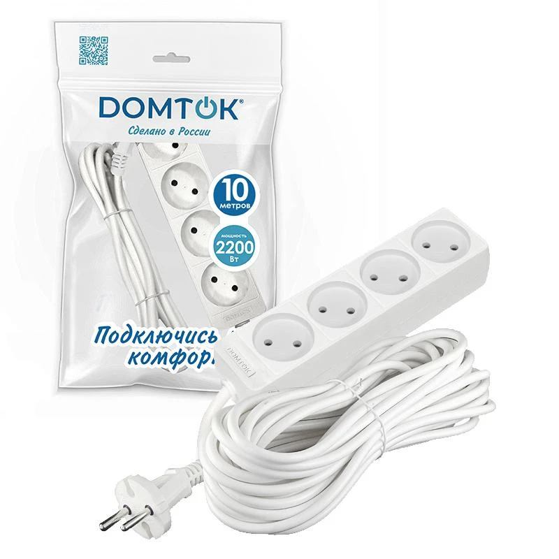 Удлинитель 4х10м без заземл. 10А IP20 2.2кВт ПВС 2х1 бел. DOMTOK 2355 1