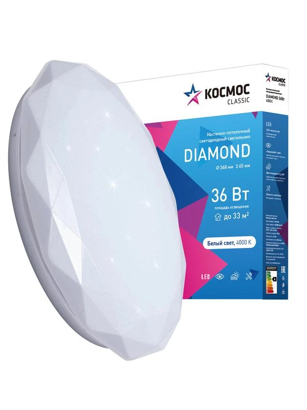Светильник светодиодный Classic DIAMOND 36Вт 230В 4000К 2340лм 368х65мм настенно-потолочный КОСМОС KCDiam36W_4000 1
