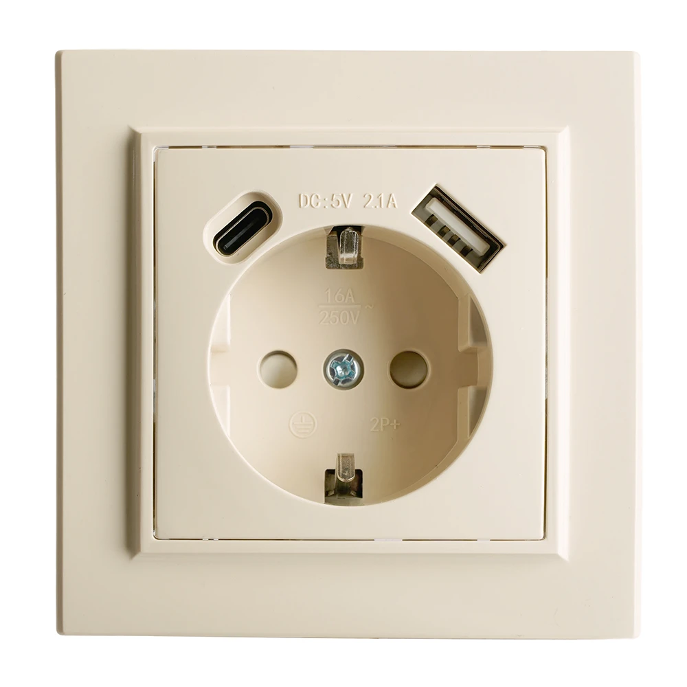 Розетка 1-местная с/з STEKKER, PST16-9016-02, 250В, 16А с USB+ type C, серия Эрна, слоновая кость 50077 6