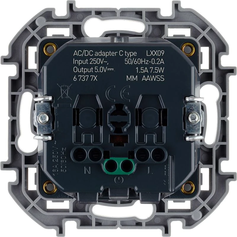 Розетка 1-м СП Inspiria 16А IP20 250В 2P+E немецк. стандарт с заряд. устр. USB тип C 1.5А 5В механизм алюм. IEK 673772 5
