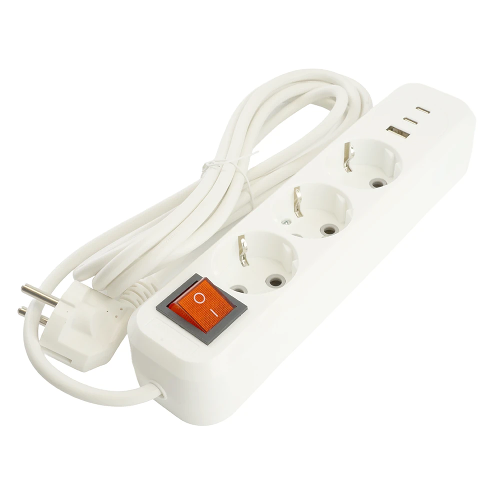 Удлинитель 3-местный с/з с выключ. STEKKER HM071-31-03 3x1мм2, 3м, 250В, 16А, 1USB+2C, 2.4A, сер Home, белый 50137 2