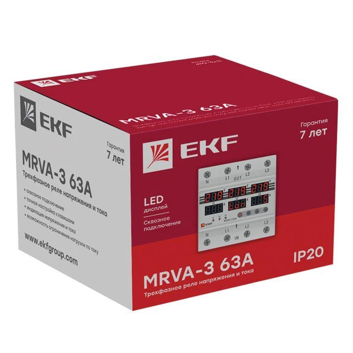 Реле напряжения и тока трехфазное с дисплеем MRVA-3 63A EKF MRVA-3-63A 3