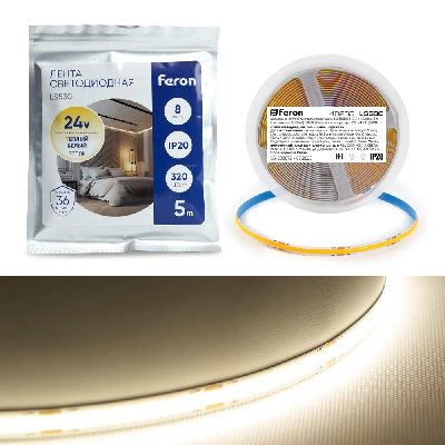 Светодиодная COB лента Feron LS530, 320SMD(2110)/м 10Вт/м 24V 5000*8*1.8мм 3000К IP20 48263