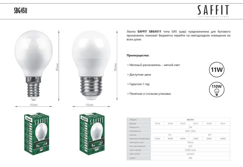 Лампа светодиодная SAFFIT SBG4511 Шарик E27 11W 230V 4000K 55139 1
