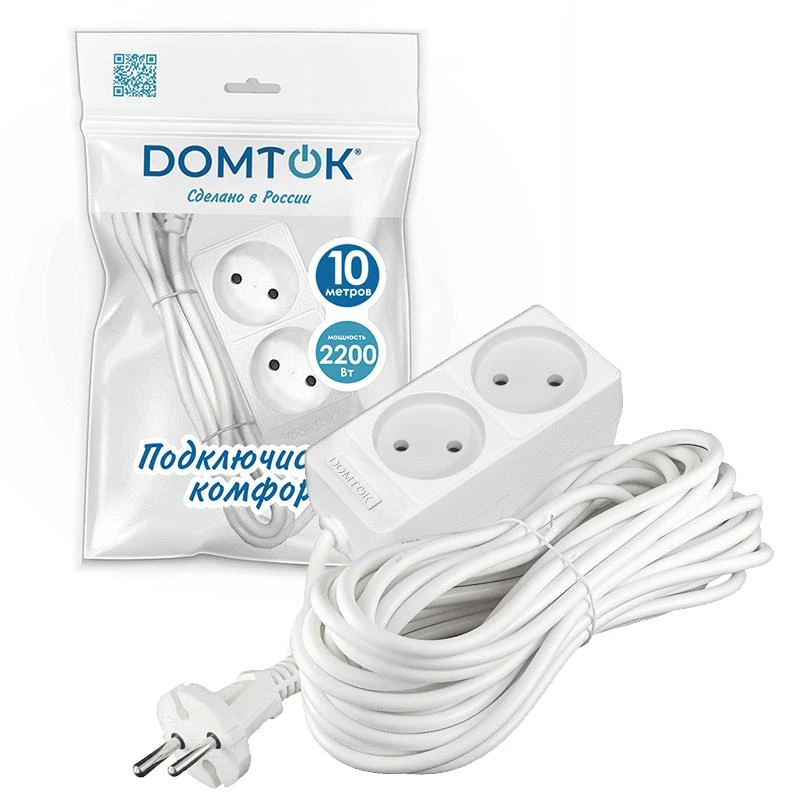 Удлинитель 2х10м без заземл. 10А IP20 2.2кВт ПВС 2х1 бел. DOMTOK 2345 1