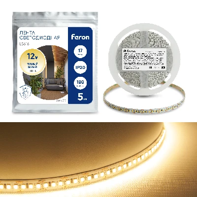 Светодиодная LED лента Feron LS616, 180SMD(2835)/m 17W/m 12V 5m 3000К 41279